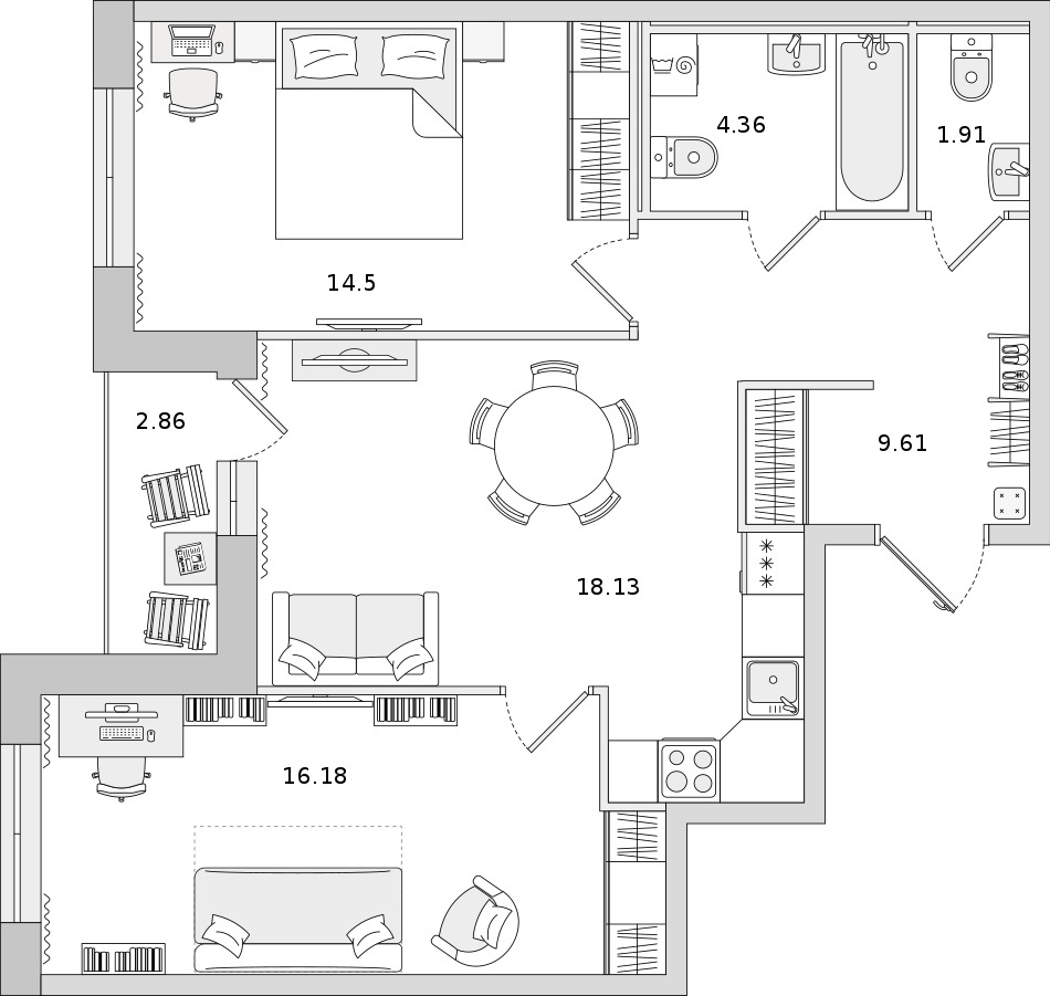 2-комнатная квартира 64.69 м², 18/19 эт., ЖК «Город Первых»